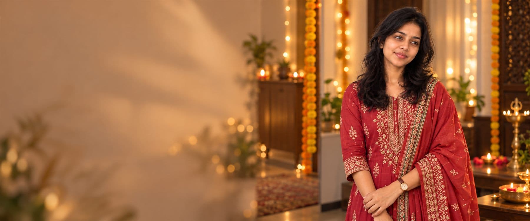 Meghana in a red festive outfit